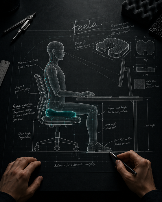 製図台に描かれた、椅子に座る身体とfeela.整体エルゴクッションの人間工学設計図