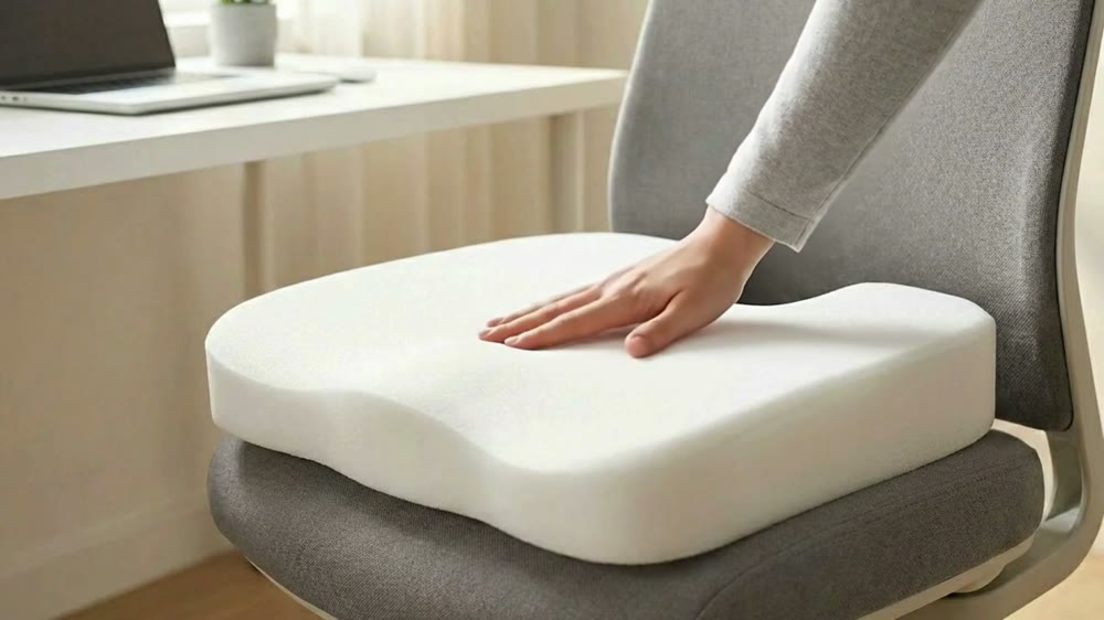 椅子に置いたfeela.のクッションを手で押しているところ